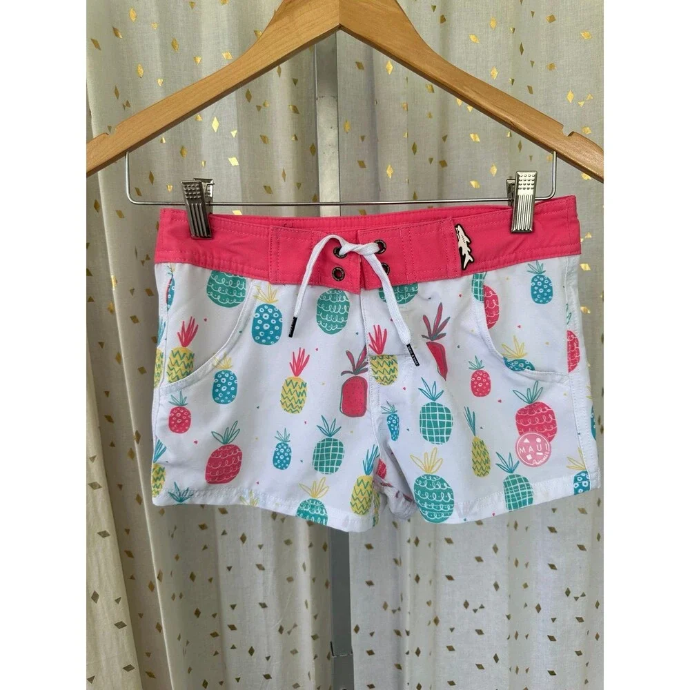 Maui & Sons Maui Princess Girls All Over Artsy Pineapple Hook Loop Swim Shorts 4